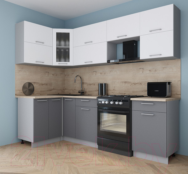 Изображение товара Кухонный гарнитур Интерлиния Мила Gloss 60-12x25 (белый/серый/травертин серый)