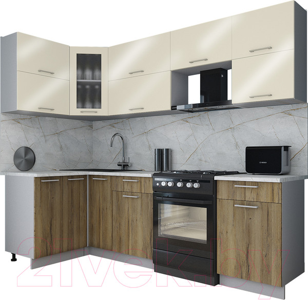 Изображение товара Кухонный гарнитур Интерлиния Мила Gloss 60-12x25 (ваниль глянец/дуб вотан/травертин серый)