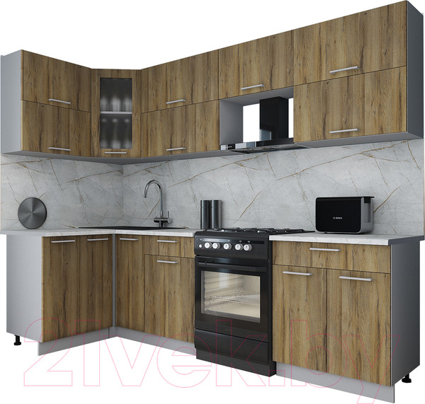 Изображение товара Кухонный гарнитур Интерлиния Мила Gloss 60-12x27 (дуб вотан/дуб вотан/травертин серый)
