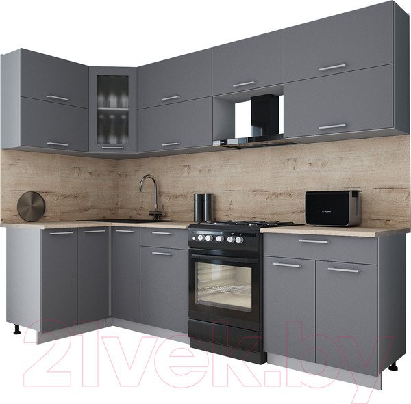 Изображение товара Кухонный гарнитур Интерлиния Мила Gloss 60-12x27 (серый/серый/травертин серый)