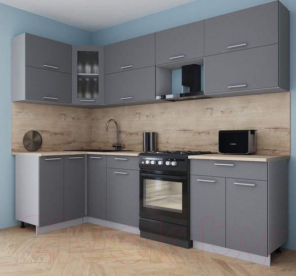 Изображение товара Кухонный гарнитур Интерлиния Мила Gloss 60-12x27 (серый/серый/травертин серый)