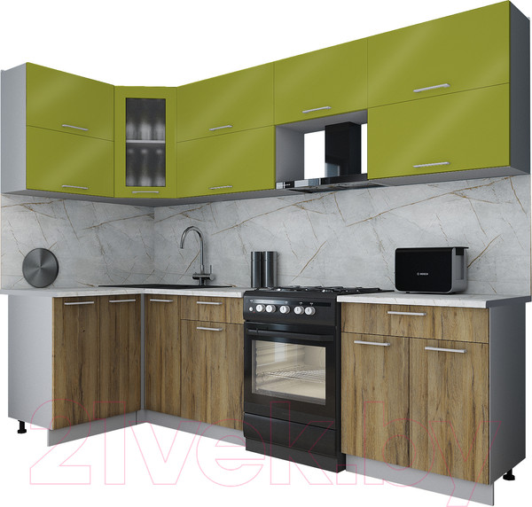 Изображение товара Кухонный гарнитур Интерлиния Мила Gloss 60-12x27 (яблоко глянец/дуб вотан/травертин серый)