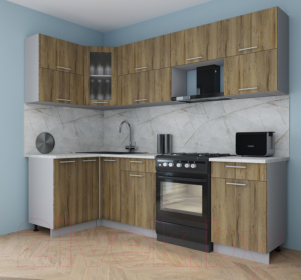 Изображение товара Кухонный гарнитур Интерлиния Мила Gloss 60-12x25 (дуб вотан/дуб вотан/травертин серый)