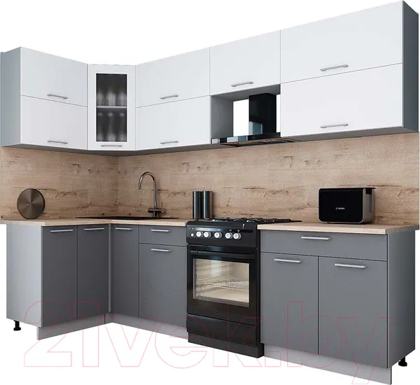 Изображение товара Кухонный гарнитур Interline Мила Gloss 60-12x28 (белый/серый/травертин серый)