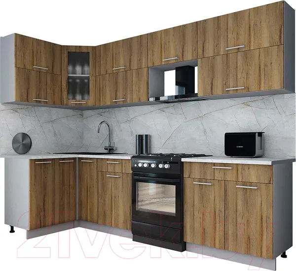 Изображение товара Кухонный гарнитур Interline Мила Gloss 60-12x28 (дуб вотан/дуб вотан/травертин серый)