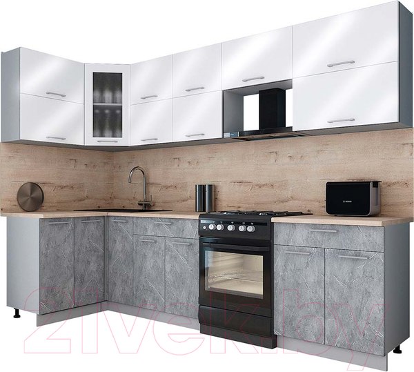 Изображение товара Кухонный гарнитур Интерлиния Мила Gloss 60-12x29 (белый глянец/керамика/травертин серый)