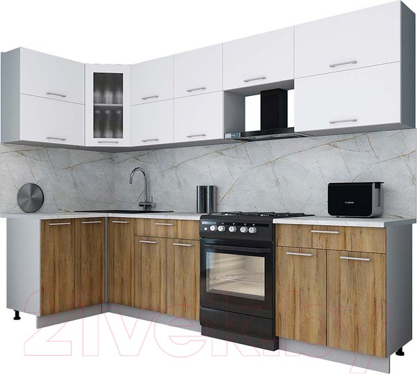Изображение товара Кухонный гарнитур Интерлиния Мила Gloss 60-12x29 (белый/дуб вотан/травертин серый)