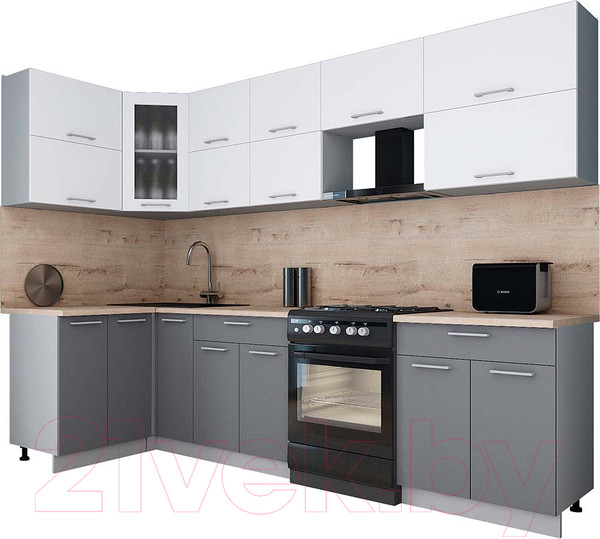 Изображение товара Кухонный гарнитур Интерлиния Мила Gloss 60-12x29 (белый/серый/травертин серый)