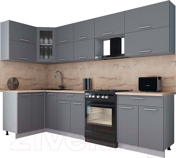 Изображение товара Кухонный гарнитур Интерлиния Мила Gloss 60-12x29 (серый/серый/травертин серый)