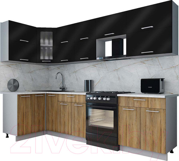 Изображение товара Кухонный гарнитур Интерлиния Мила Gloss 60-12x29 (черный глянец/дуб вотан/травертин серый)