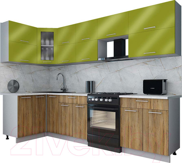 Изображение товара Кухонный гарнитур Интерлиния Мила Gloss 60-12x29 (яблоко глянец/дуб вотан/травертин серый)