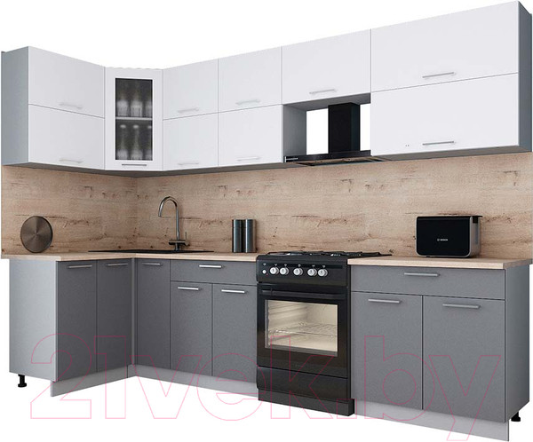 Изображение товара Кухонный гарнитур Интерлиния Мила Gloss 60-12x30 (белый/серый/травертин серый)