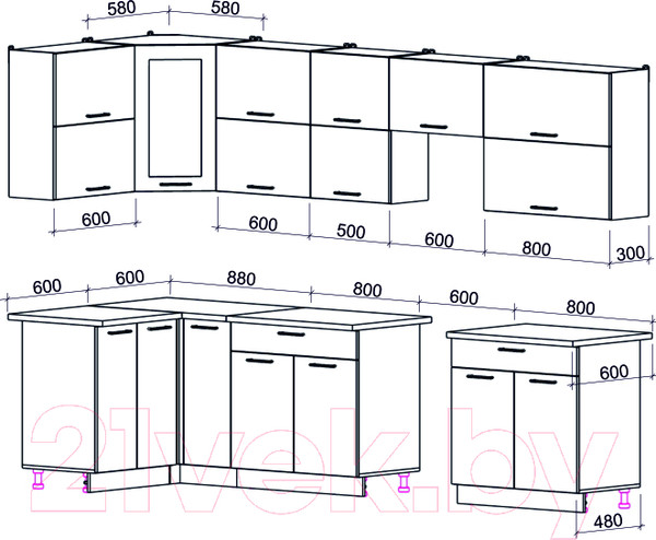 Изображение товара Кухонный гарнитур Интерлиния Мила Gloss 60-12x31 (белый глянец/дуб вотан/травертин серый)