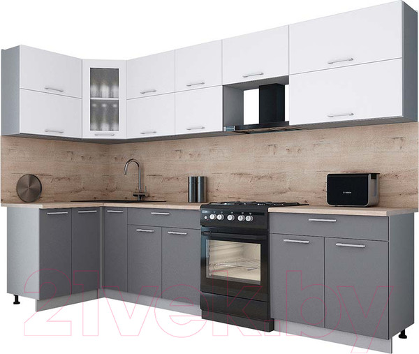 Изображение товара Кухонный гарнитур Интерлиния Мила Gloss 60-12x31 (белый/серый/травертин серый)