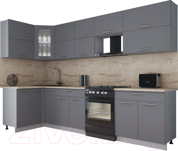 Изображение товара Кухонный гарнитур Интерлиния Мила Gloss 60-12x31 (серый/серый/травертин серый)