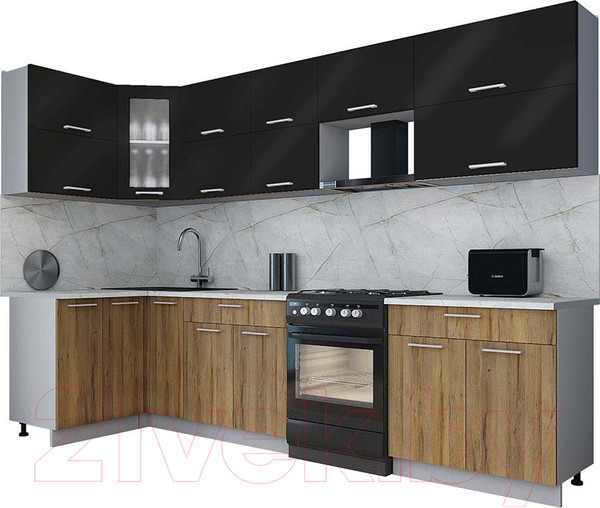 Изображение товара Кухонный гарнитур Интерлиния Мила Gloss 60-12x31 (черный глянец/дуб вотан/травертин серый)