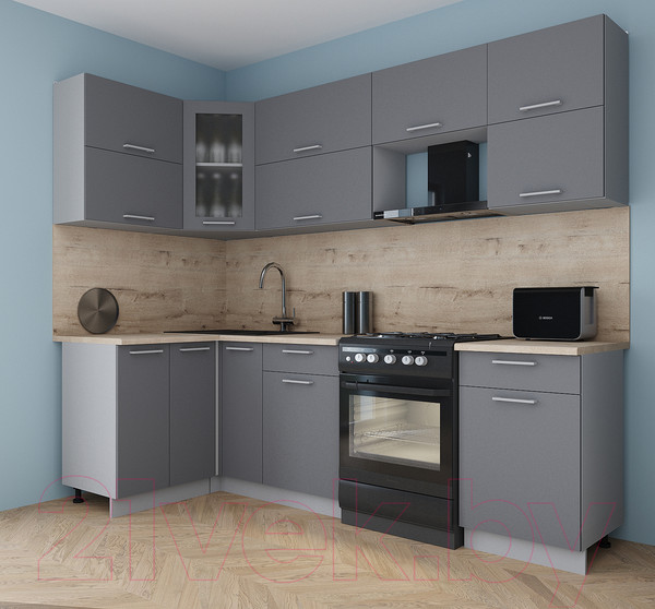 Изображение товара Кухонный гарнитур Интерлиния Мила Gloss 60-12x25 (серый/серый/травертин серый)