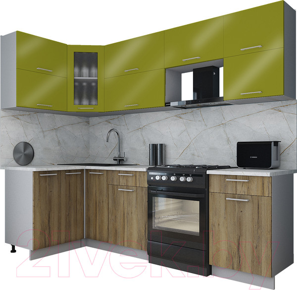 Изображение товара Кухонный гарнитур Интерлиния Мила Gloss 60-12x25 (яблоко глянец/дуб вотан/травертин серый)