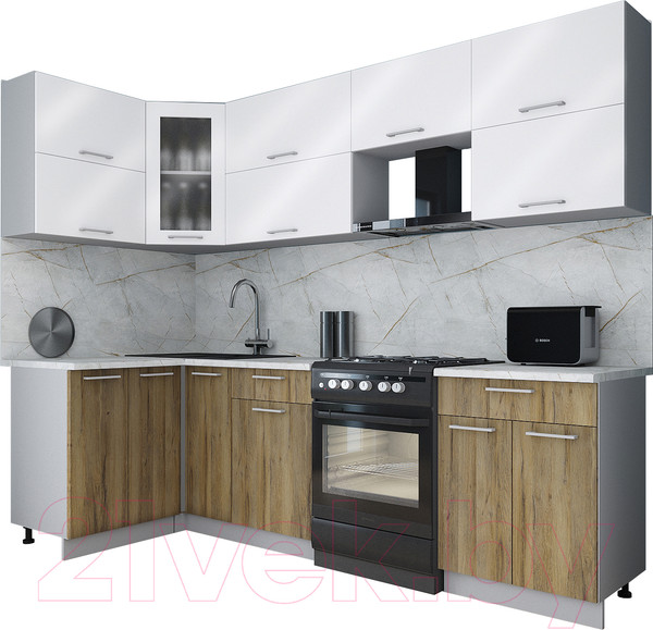Изображение товара Кухонный гарнитур Интерлиния Мила Gloss 60-12x26 (белый глянец/дуб вотан/травертин серый)