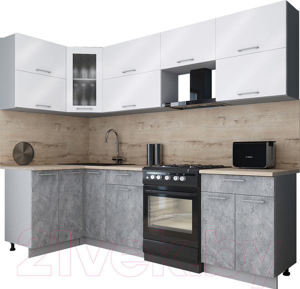 Изображение товара Кухонный гарнитур Интерлиния Мила Gloss 60-12x26 (белый глянец/керамика/травертин серый)