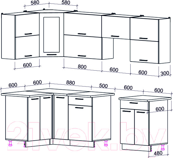 Изображение товара Кухонный гарнитур Интерлиния Мила Gloss 60-12x26 (белый/белый/травертин серый)