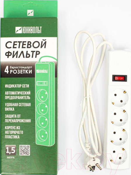 Изображение товара Сетевой фильтр Юнивольт 00-00000386 (1.5м, 4 розетки, белый)