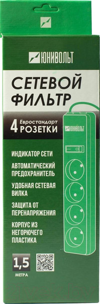 Изображение товара Сетевой фильтр Юнивольт 00-00000386 (1.5м, 4 розетки, белый)