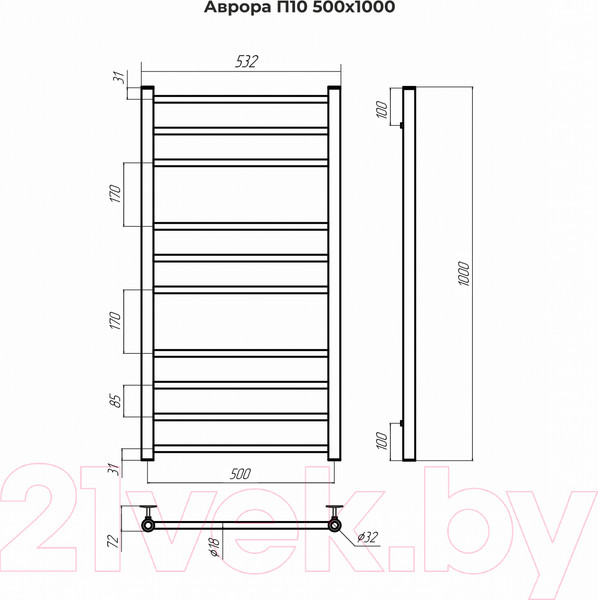 Изображение товара Полотенцесушитель водяной Terminus Аврора П10 500x1000 (золото матовое)