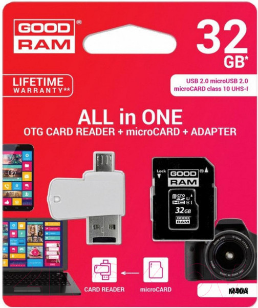 Изображение товара Карта памяти Goodram microSD UHS-I Class 10 32GB / M1A4-0320R12 (с адаптером и картридером)