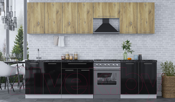 Изображение товара Кухонный гарнитур Interline Мила Пластик 2.9 А (дуб эпоксид/черный/кастилло темный)