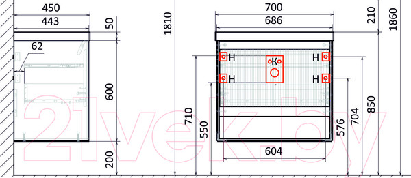 Изображение товара Тумба под умывальник Jorno Tossony 70 / Toss.01.70/P/DS-A/JR (подвесная, дуб самдал/антрацит)
