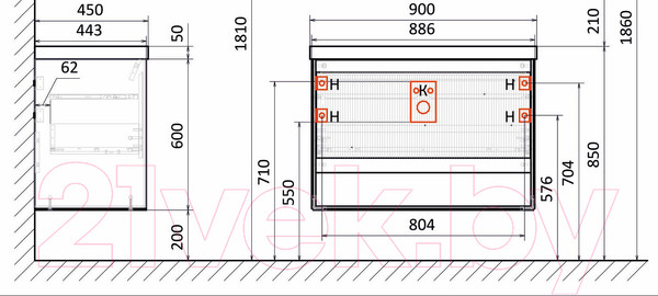 Изображение товара Тумба под умывальник Jorno Tossony 90 / Toss.01.90/P/SS-W/JR (подвесная, cонома светлая/белый)