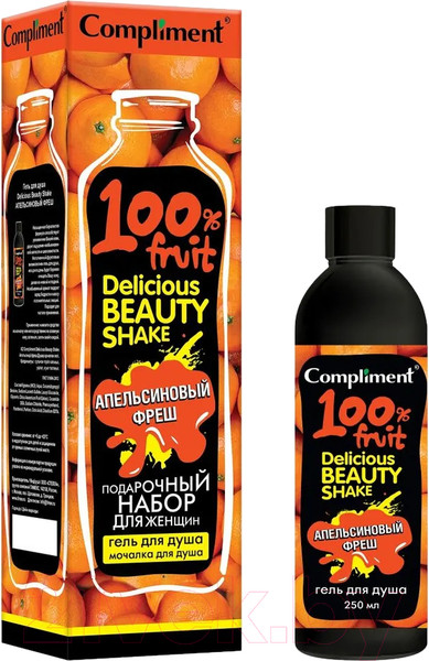 Изображение товара Подарочный набор Compliment Delicious Beauty Shake Апельсин фреш + мочалка (250мл)
