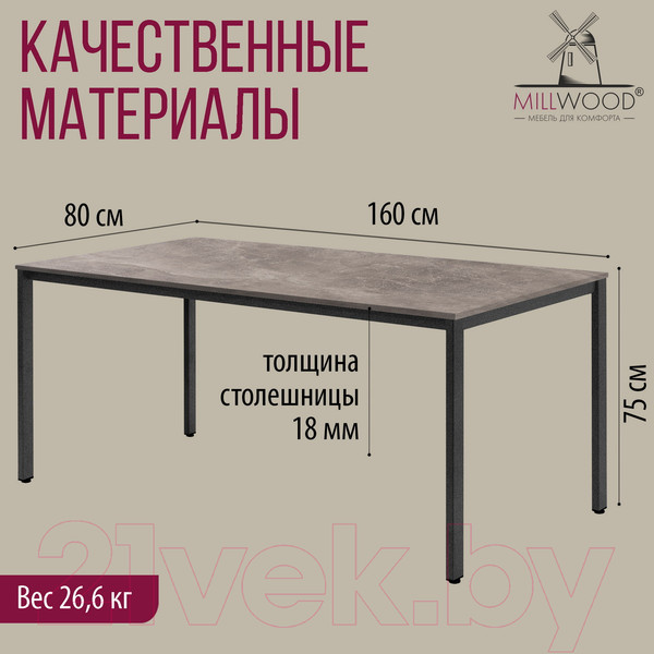 Изображение товара Обеденный стол Millwood Сеул Л 160x80x75 (бетон/графит)
