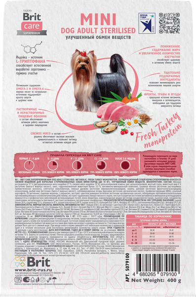 Изображение товара Сухой корм для собак Brit Care Mini Adult Sterilised Metabolic с индейкой / 5079100 (400г)