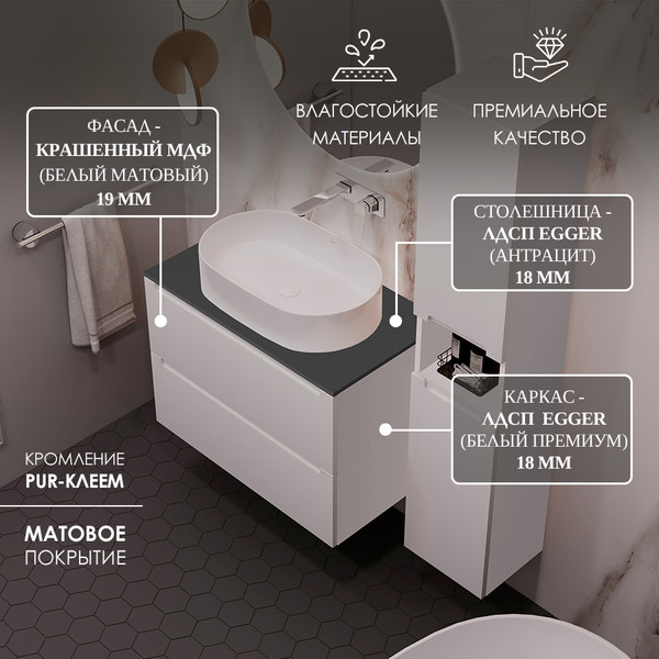 Изображение товара Тумба под умывальник ЗОВ Дион 70 / D70LWP0M9003MKV5-LDSPG (антрацит/белый матовый)