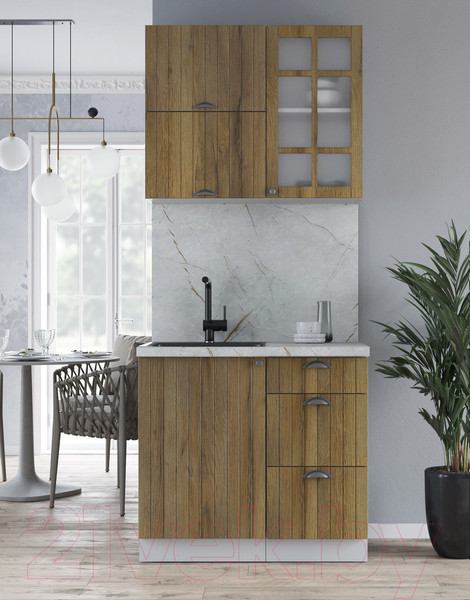 Изображение товара Кухонный гарнитур Интерлиния Берес 0.9Б (дуб вотан/дуб вотан/серый каспий)