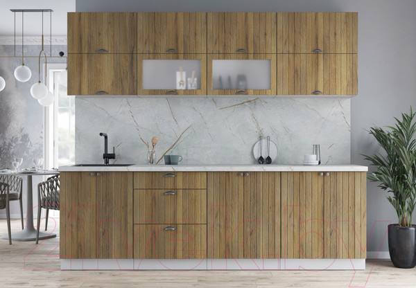 Изображение товара Кухонный гарнитур Интерлиния Берес 2.5Б (дуб вотан/дуб вотан/серый каспий)