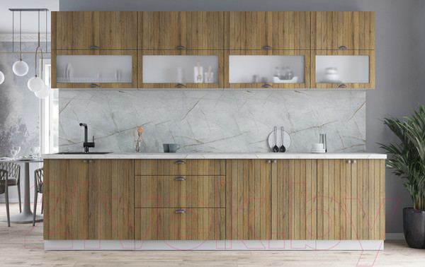 Изображение товара Кухонный гарнитур Интерлиния Берес 3.0Б (дуб вотан/дуб вотан/серый каспий)