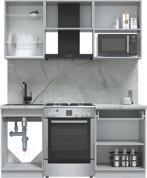 Изображение товара Кухонный гарнитур Интерлиния Берес 1.7В (дуб вотан/дуб вотан/серый каспий)