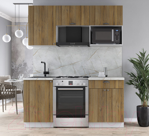 Изображение товара Кухонный гарнитур Интерлиния Берес 1.7В (дуб вотан/дуб вотан/серый каспий)