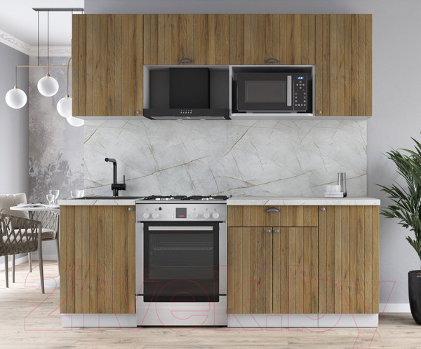 Изображение товара Кухонный гарнитур Интерлиния Берес 2.1В (дуб вотан/дуб вотан/серый каспий)