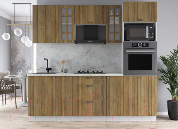 Изображение товара Кухонный гарнитур Интерлиния Берес 2.3В (дуб вотан/дуб вотан/серый каспий)