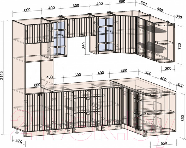 Изображение товара Кухонный гарнитур Интерлиния Берес 1.68x2.6 ВТ правая (дуб вотан/дуб вотан/серый каспий)