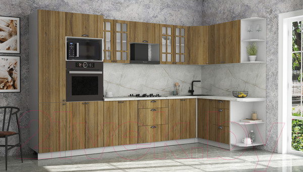 Изображение товара Кухонный гарнитур Интерлиния Берес 1.68x3.4 ВТ правая (дуб вотан/дуб вотан/серый каспий)