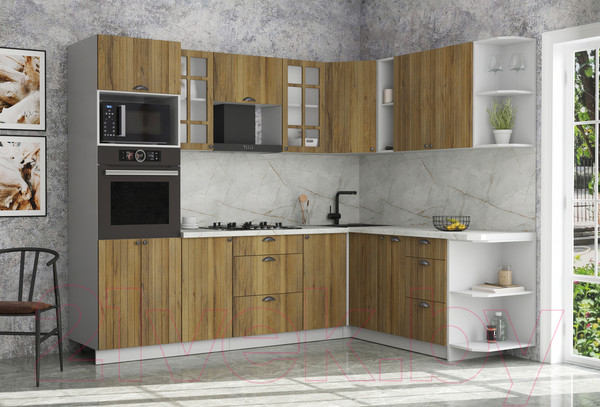 Изображение товара Кухонный гарнитур Интерлиния Берес 1.88x2.6 ВТ правая (дуб вотан/дуб вотан/серый каспий)