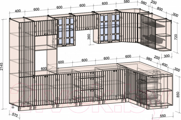 Изображение товара Кухонный гарнитур Интерлиния Берес 1.88x3.4 ВТ правая (дуб вотан/дуб вотан/серый каспий)