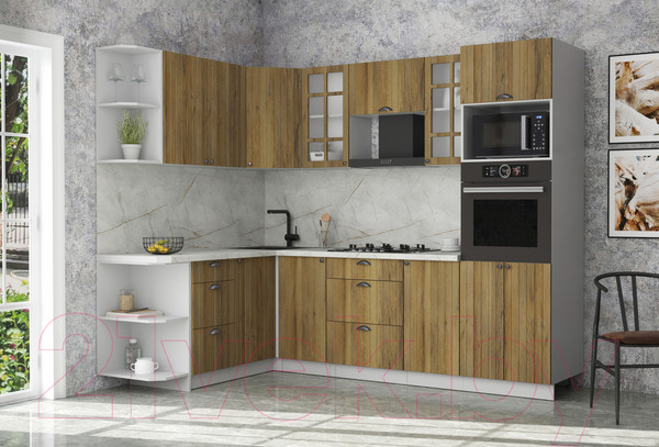 Изображение товара Кухонный гарнитур Интерлиния Берес 1.68x2.6 ВТ левая (дуб вотан/дуб вотан/серый каспий)