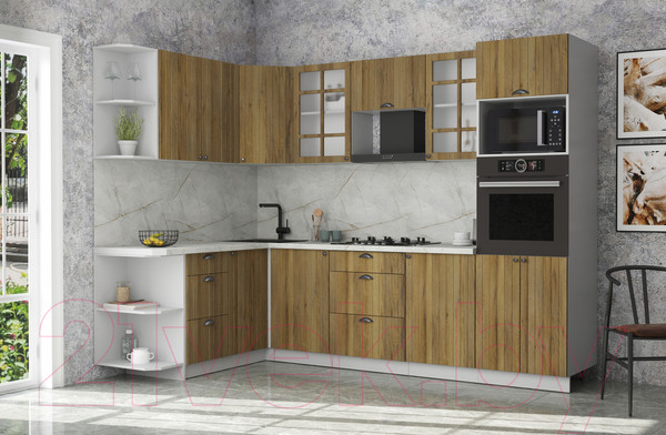 Изображение товара Кухонный гарнитур Интерлиния Берес 1.68x2.8 ВТ левая (дуб вотан/дуб вотан/серый каспий)