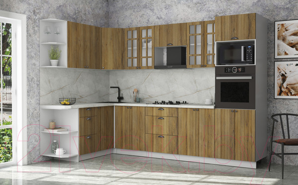 Изображение товара Кухонный гарнитур Интерлиния Берес 1.68x3.0 ВТ левая (дуб вотан/дуб вотан/серый каспий)